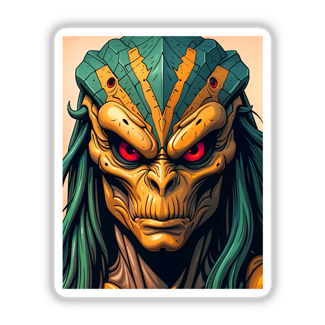 A Cool Alien Predator Soldier cartoon illustration, available as vinyl stickers or digital artwork from Decal Venue, featuring a unique, fictional character with distinct and imaginative design elements.
