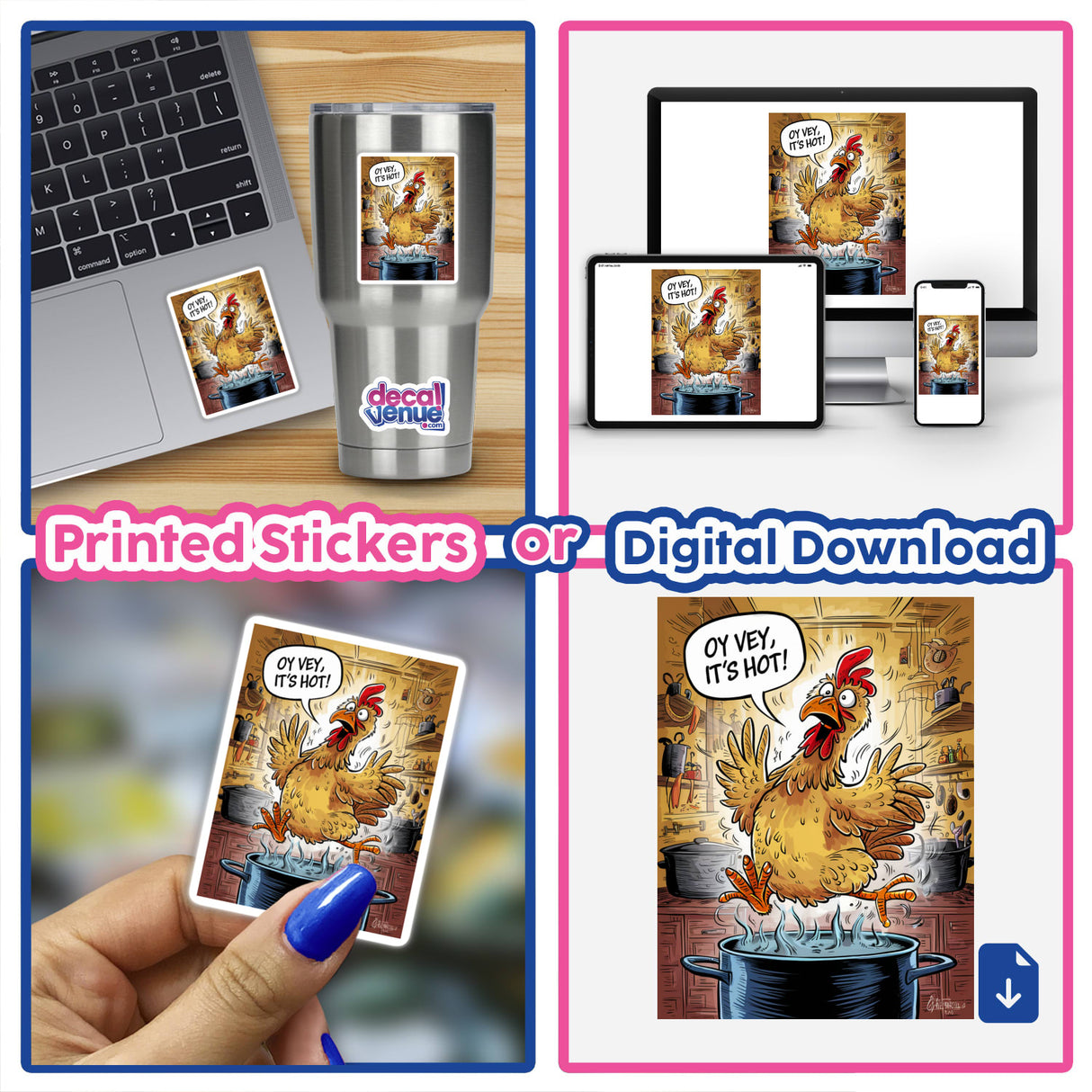 Funny Chicken Soup Cartoon Clipart - Stickers or Commercial License Download: Collage featuring laptop and phone with chicken-themed stickers, including a chicken jumping out of a pot and close-up details.