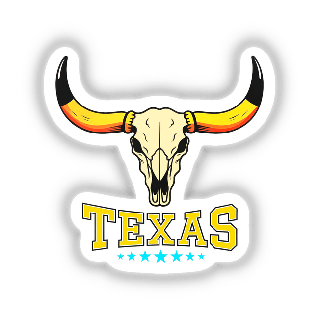 Texas USA Skull Design sticker featuring a stylized bull skull with horns and bold text, available as a unique vinyl sticker or digital artwork from Decal Venue.