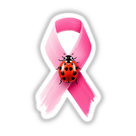 Ladybug Pink Ribbon Breast Cancer design features a ladybug perched on a pink ribbon, available as stickers or digital artwork, symbolizing support and awareness. Ideal for unique vinyl sticker enthusiasts.