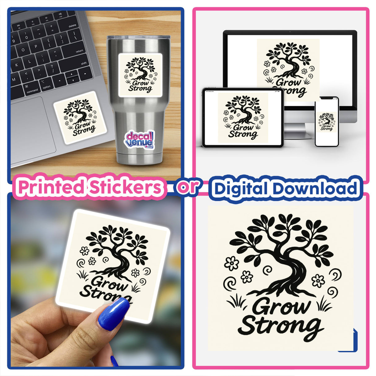 Grow Strong Doodle Minimalist Sticker or Clipart: A bold tree with doodle flowers, Grow Strong script, available in various sizes, perfect for inspiring resilience.