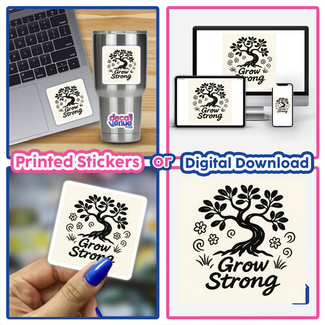 Grow Strong Doodle Minimalist Sticker or Clipart: A bold tree with doodle flowers, Grow Strong script, available in various sizes, perfect for inspiring resilience.
