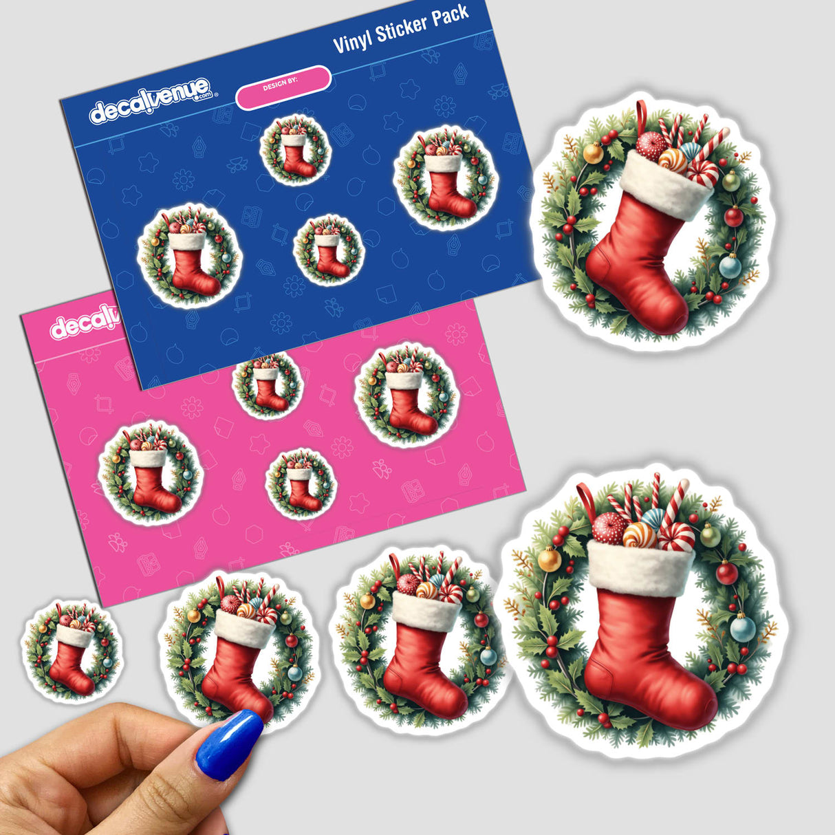 Sticker pack featuring Stocking in a Christmas Wreath, showcasing festive designs, including a hand holding a sticker and a Christmas stocking with candy in a decorative wreath.