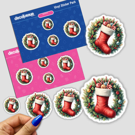 Sticker pack featuring Stocking in a Christmas Wreath, showcasing festive designs, including a hand holding a sticker and a Christmas stocking with candy in a decorative wreath.