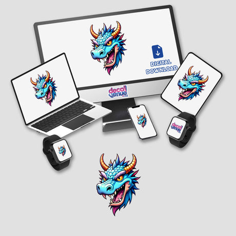 A Cool Fantasy Dragon depicted on a computer monitor and laptop screen, showcasing an intricate dragon face design. Available as unique stickers or digital artwork at Decal Venue.