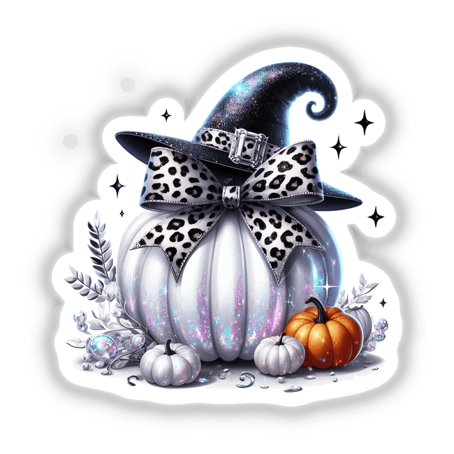 Leopard Coquette Bow Witch Hat Pumpkin featuring a white pumpkin adorned with a black hat and a black bow. Available as stickers or digital artwork from Decal Venue.