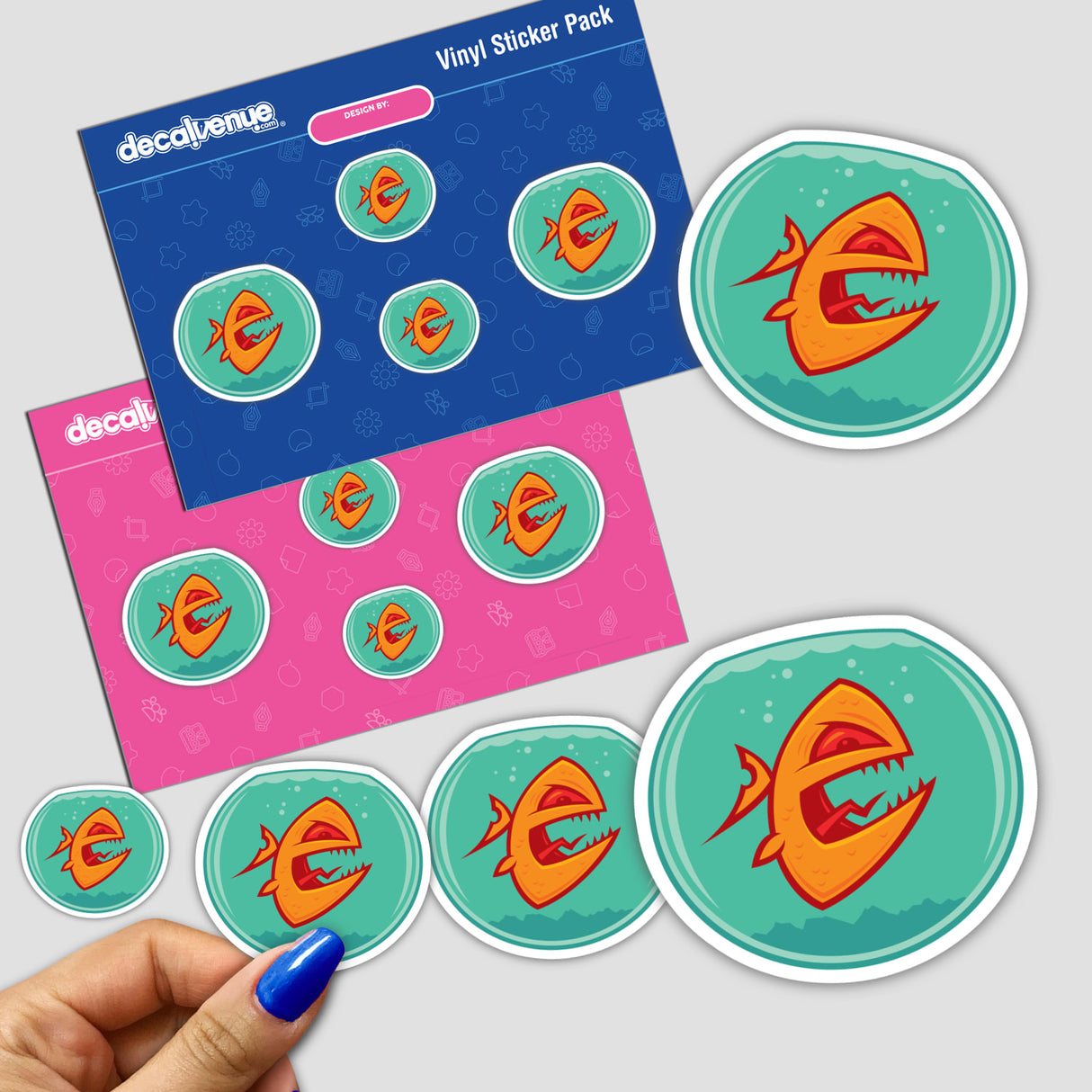 Angry Goldfish sticker featuring cartoon fish with sharp teeth and large mouth, part of Decal Venue's unique sticker collection. Available as a single or in a pack.