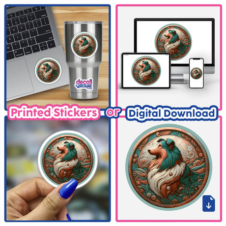 Realistic digital artwork of a majestic Sheltie dog surrounded by natural elements, available as printed stickers or digital downloads from the Decal Venue store.