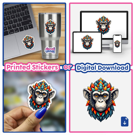 Collage featuring A Cool Monkey King sticker on a laptop and computer screen, showcasing a vibrant cartoon monkey design. Available as stickers or digital artwork from Decal Venue.