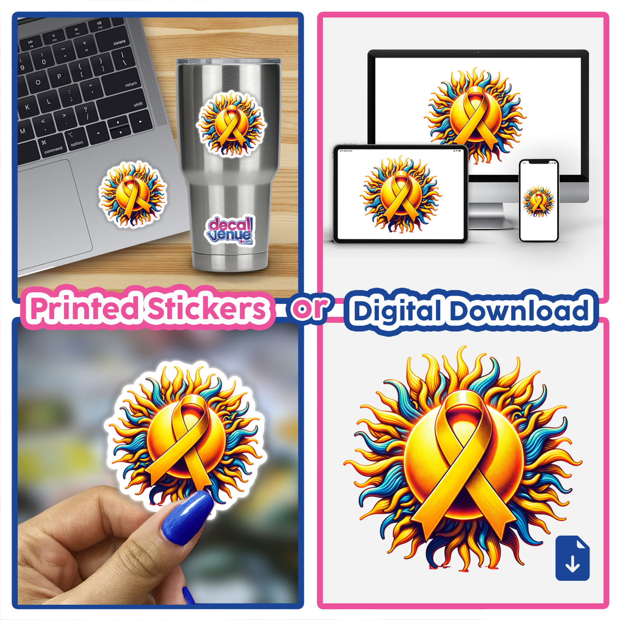 Radiant Sun Yellow Awareness Ribbon sticker collage featuring various placements on a laptop, phone, and hand, emphasizing its versatility as both a sticker and digital artwork.