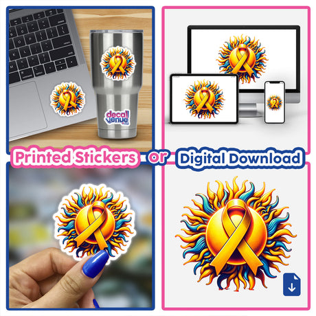 Radiant Sun Yellow Awareness Ribbon sticker collage featuring various placements on a laptop, phone, and hand, emphasizing its versatility as both a sticker and digital artwork.