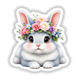Adorable Rabbit with a Spring Flower Crown as a cartoon illustration, depicting a cute bunny adorned with a floral headpiece, available as stickers or digital artwork from Decal Venue.