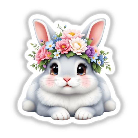 Adorable Rabbit with a Spring Flower Crown as a cartoon illustration, depicting a cute bunny adorned with a floral headpiece, available as stickers or digital artwork from Decal Venue.