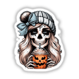 Pumpkin Spice and Everything Nice Skeleton Mama: Illustration of a woman with skull makeup wearing a beanie, holding a drink. Available as stickers or digital artwork.