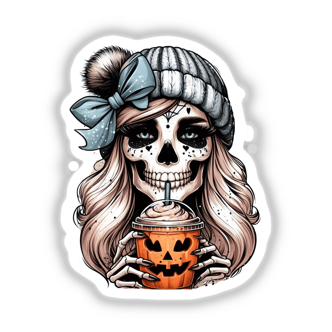 Pumpkin Spice and Everything Nice Skeleton Mama: Illustration of a woman with skull makeup wearing a beanie, holding a drink. Available as stickers or digital artwork.