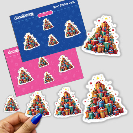 Gifts Pile Christmas Tree sticker pack showcasing a festive design of stacked presents and a tree, available as both stickers and digital artwork from Decal Venue.