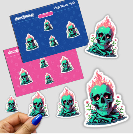 Sticker featuring A Skull And Bones On Fire design, showcasing a skull engulfed in flames. Held by a hand, emphasizing intricate details, aligning with Decal Venue's unique vinyl sticker offerings.