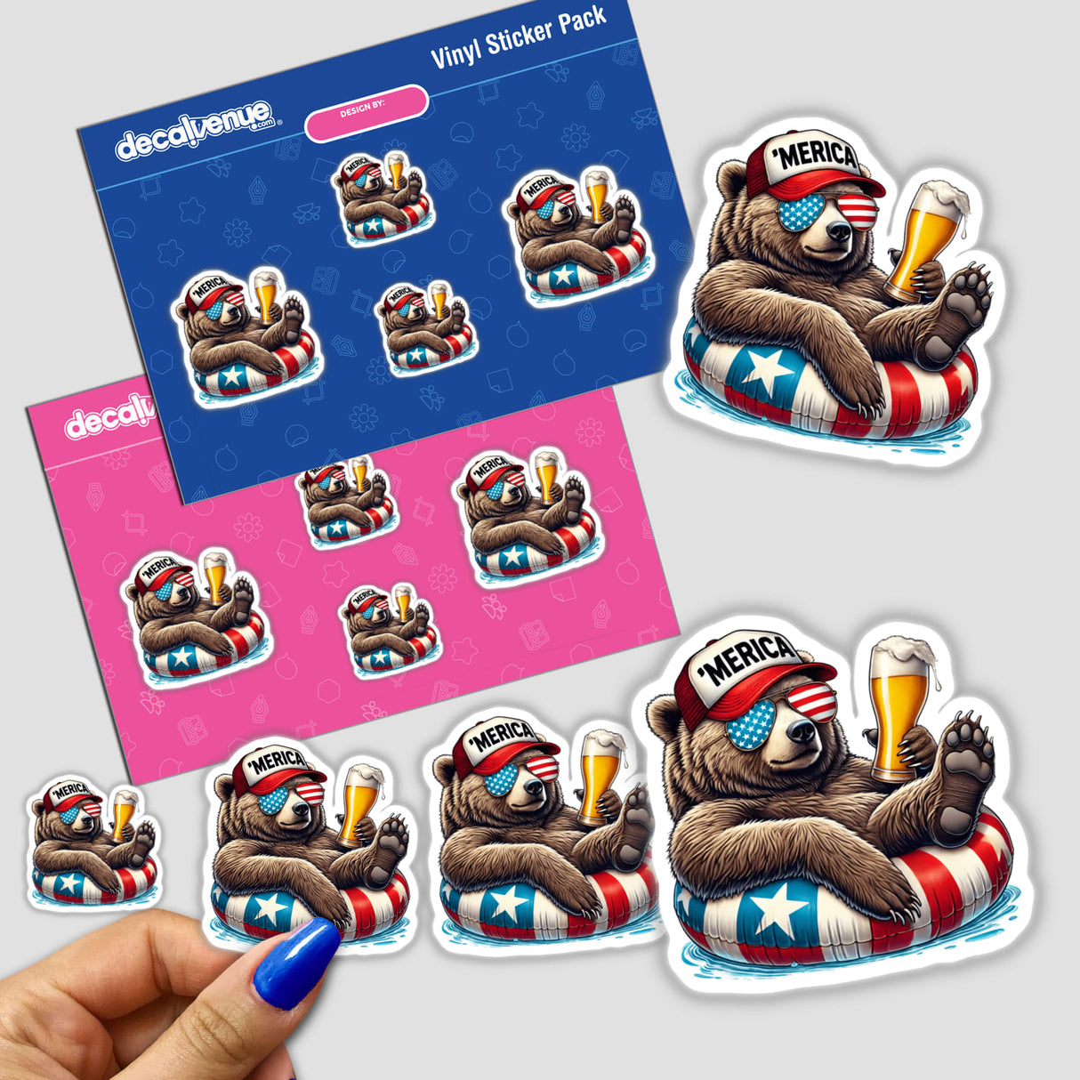 Grizzly Bear American Flag Float Merica: Stickers and envelopes featuring a cartoon bear wearing sunglasses and a hat, holding a glass of beer, ideal for unique decoration or digital artwork.