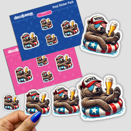 Grizzly Bear American Flag Float Merica: Stickers and envelopes featuring a cartoon bear wearing sunglasses and a hat, holding a glass of beer, ideal for unique decoration or digital artwork.