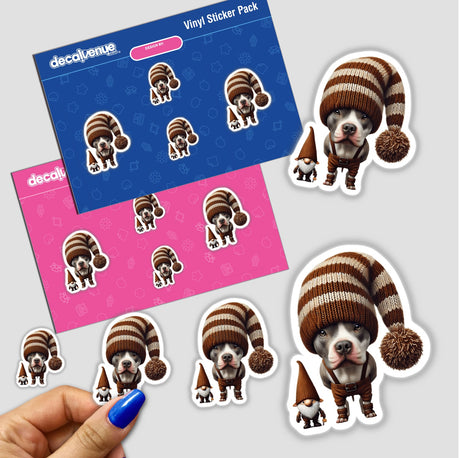 Pitbull Gnome with Chew Toy sticker featuring a dog in a knitted hat and suspenders, a playful gnome, and other whimsical dog illustrations. Available as physical stickers or digital artwork.