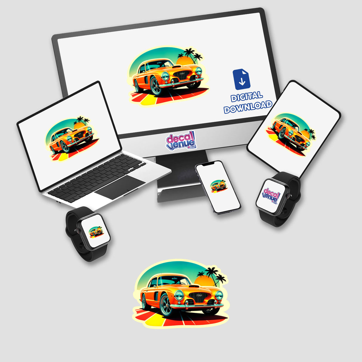 Vintage Classic Car digital artwork displayed on a laptop screen, surrounded by various devices. Available as stickers or digital art from Decal Venue, highlighting unique vinyl sticker themes.
