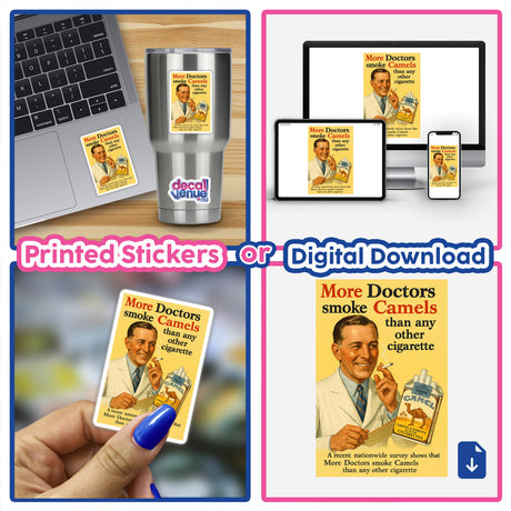 1925 Camel Cigarettes “More Doctors Smoke Camels” Printable or Sticker features a vintage ad with a cheerful doctor and iconic slogan, ideal for retro projects and commercial use.