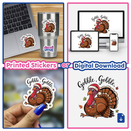Happy Thanksgiving Gobble Turkey Bird sticker on a laptop and stainless steel cup, featuring a cartoon turkey with a Santa hat, available as stickers or digital artwork.