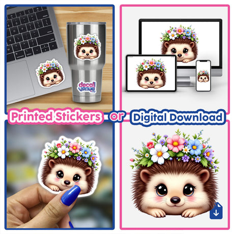 Sweet Hedgehog with a Flower Crown: A charming hedgehog sticker and digital download, showcasing a playful design with a flower crown, perfect for personalizing objects or digital spaces.