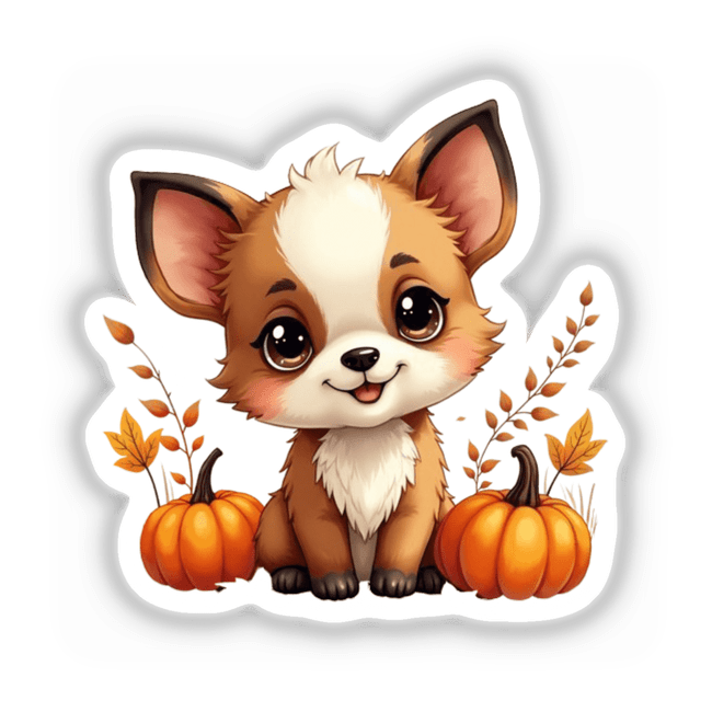 Cute Fall Aesthetic Clipart - Adorable Puppy with Pumpkins & Leaves, available as Stickers or Commercial Use Download.
