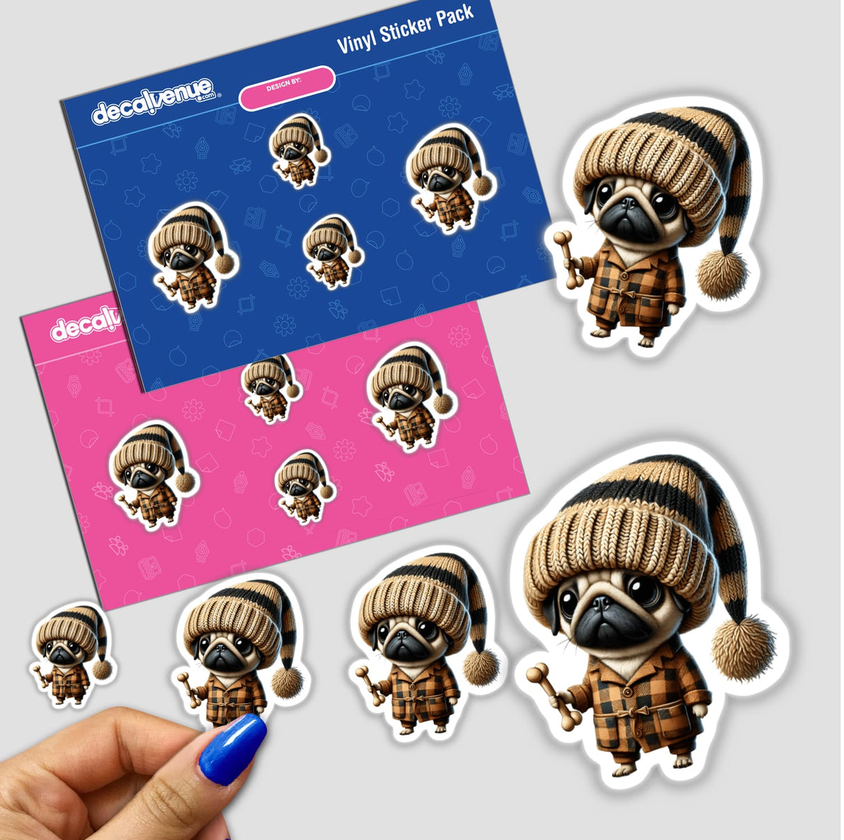 Sticker pack featuring a cartoon Pug Gnome Holding Dog Bone in various poses, including wearing a hat and jacket.
