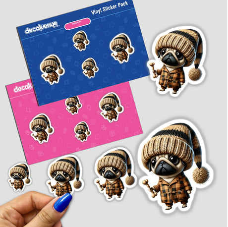 Sticker pack featuring a cartoon Pug Gnome Holding Dog Bone in various poses, including wearing a hat and jacket.