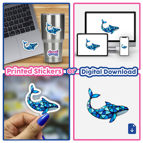 Whale Stained Glass Style sticker collage; features laptop and cup adorned with blue whale design, available as stickers or digital artwork from Decal Venue, known for unique decals.