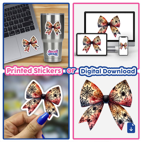 Spider Web Pattern Coquette Bow digital artwork collage, featuring bows on laptops and close-ups of intricate bow designs.