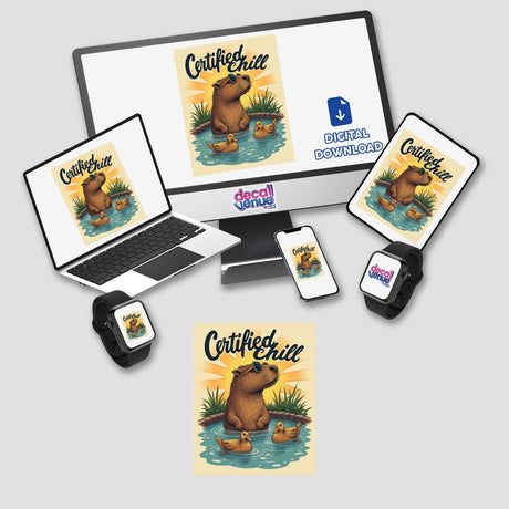 Certified Chill Sticker or Clipart with Commercial Rights - Capybara Hot Tub Design: A playful cartoon of a capybara wearing sunglasses in a pool with ducks, ideal for stickers or digital artwork.