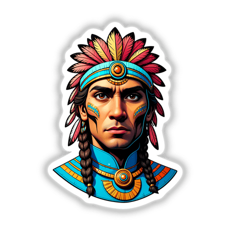 A Native American Warrior Chief illustrated with a feathered headdress, available as stickers or digital artwork, highlighting intricate details of the headdress and facial features.