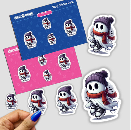 Boy Ghost w/ Beanie and Sneakers: Sticker pack featuring cartoon ghost characters with hats and scarves. Available as stickers or digital artwork from Decal Venue.