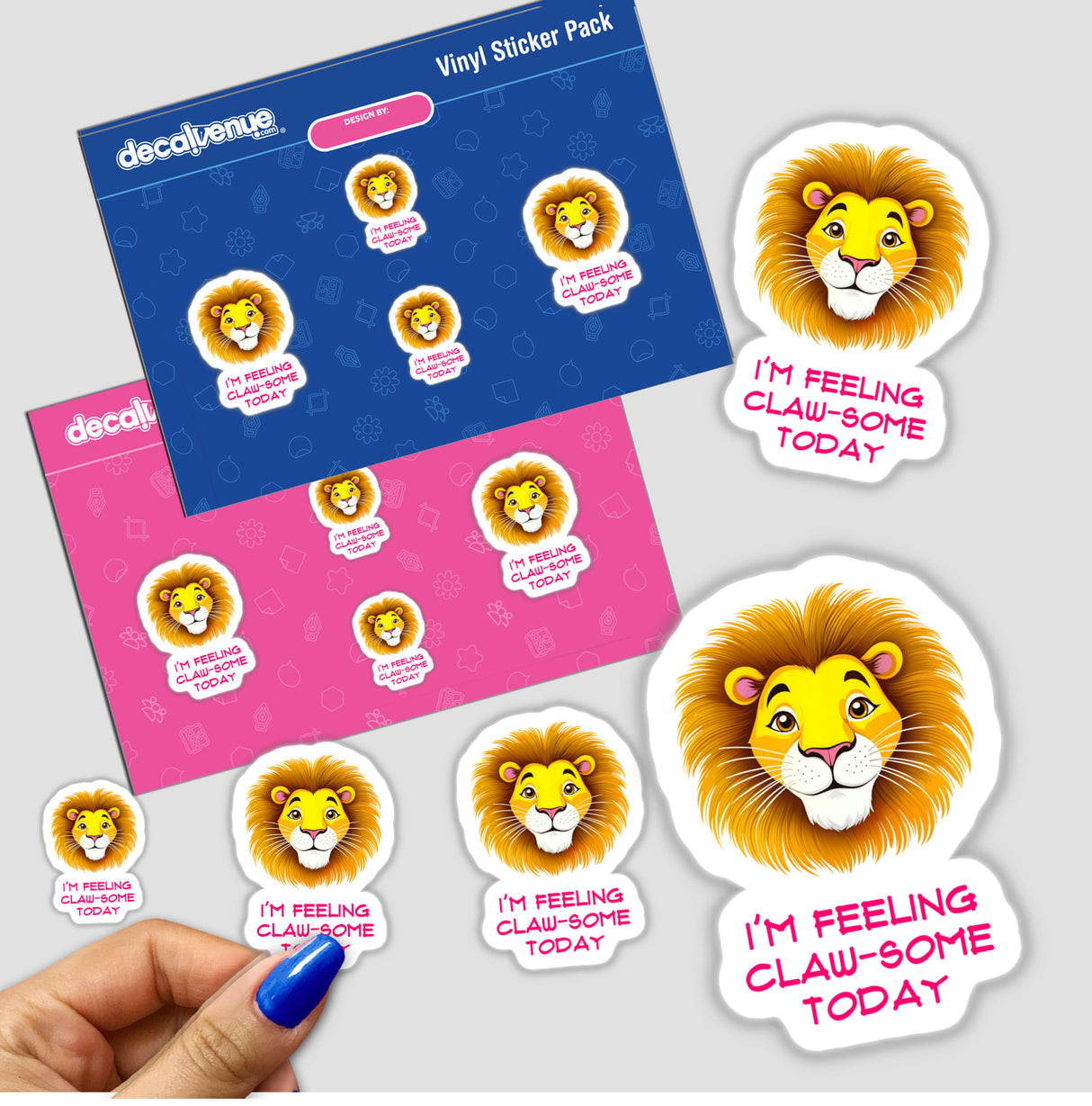 Cartoon lion stickers with I'm Feeling Claw-Some Today quote, featuring a hand holding one sticker, available as vinyl decals or digital art from Decal Venue.