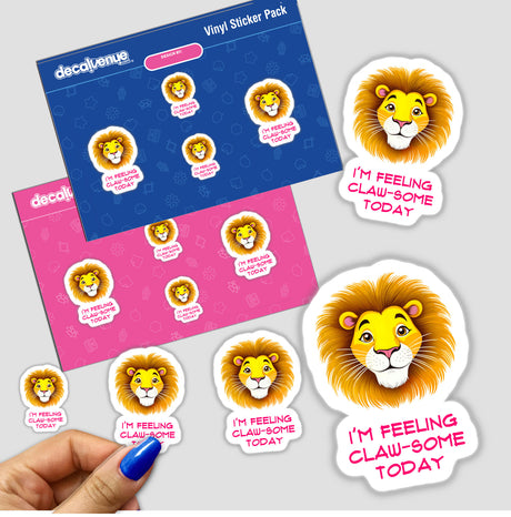 Cartoon lion stickers with I'm Feeling Claw-Some Today quote, featuring a hand holding one sticker, available as vinyl decals or digital art from Decal Venue.