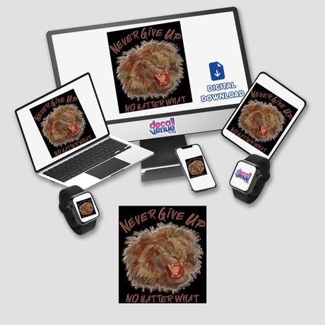 Never give up sticker featuring a lion with a red mouth displayed on a computer monitor and laptop, emphasizing determination. Available as vinyl sticker or digital artwork from Decal Venue.