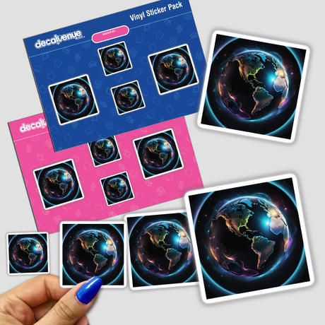 Realistic digital art of planet Earth in various sizes, displayed on a Vinyl Sticker Pack from Decal Venue, an online store specializing in unique stickers and digital artwork created by talented designers.