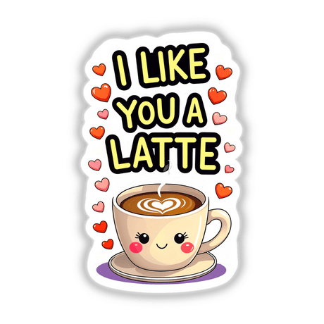 Cartoon coffee cup with heart, titled I Like You A Latte Funny Love Quote, available as stickers or digital artwork from Decal Venue.