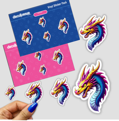 A Cool Fantasy Dragon sticker, featuring a detailed cartoon dragon head, is held in a hand. Available as vinyl stickers or digital artwork from Decal Venue.