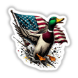 Mallard Duck American Flag Splatter: A digital artwork featuring a duck holding a flag, available as stickers or digital art, capturing unique wildlife essence, ideal for those seeking distinctive vinyl designs.