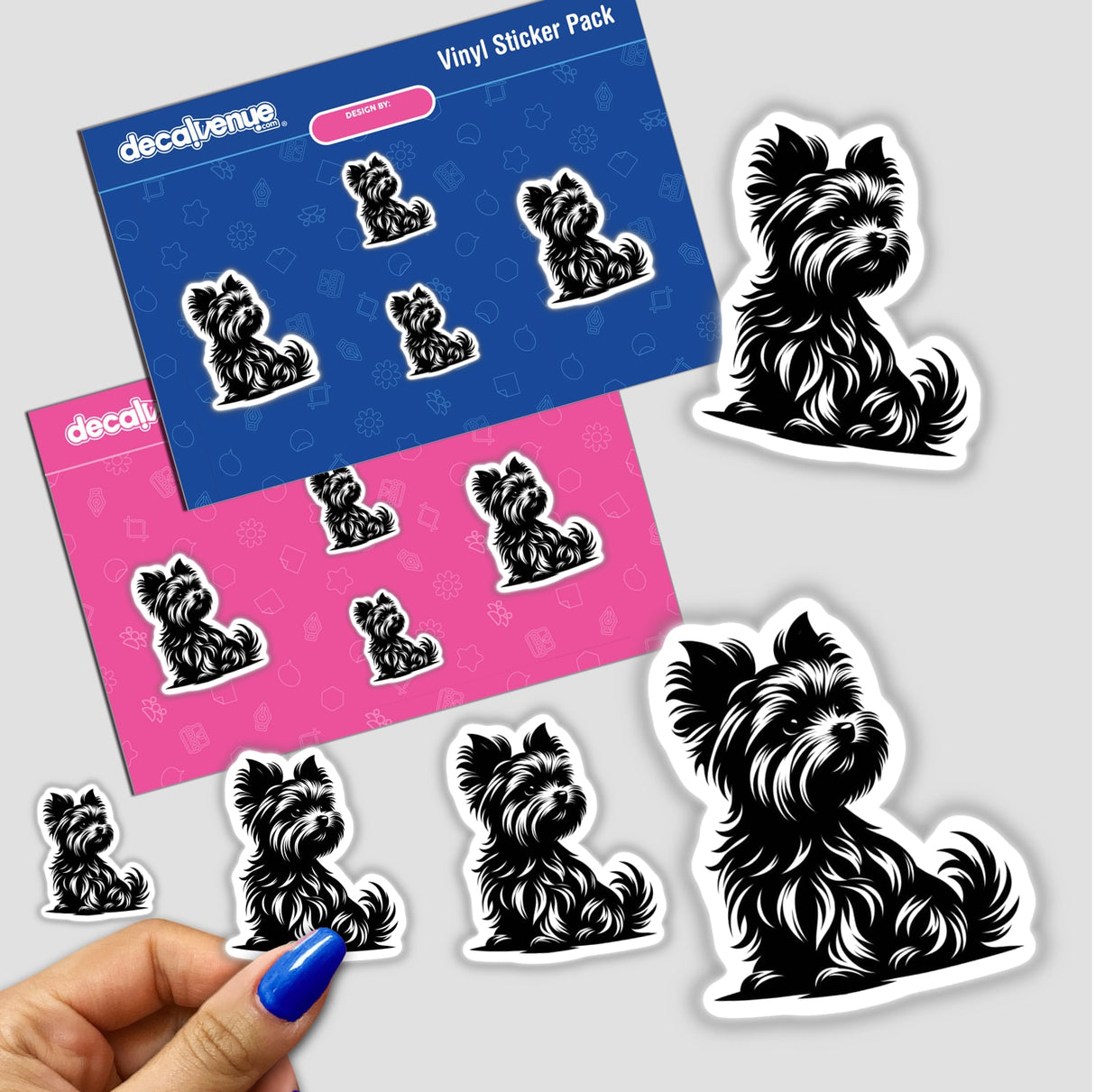 Sitting Silhouette Yorkie Dog stickers featuring detailed black and white illustrations of a Yorkie in various poses.