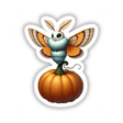 Moth Standing on Pumpkin sticker, featuring a cartoon moth perched on a pumpkin, perfect for fall and Halloween-themed decor.