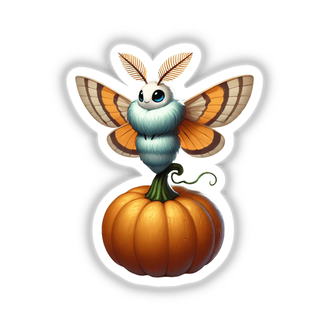 Moth Standing on Pumpkin sticker, featuring a cartoon moth perched on a pumpkin, perfect for fall and Halloween-themed decor.