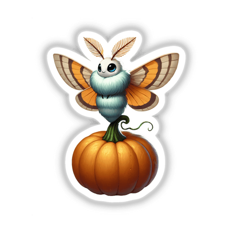 Moth Standing on Pumpkin sticker, featuring a cartoon moth perched on a pumpkin, perfect for fall and Halloween-themed decor.
