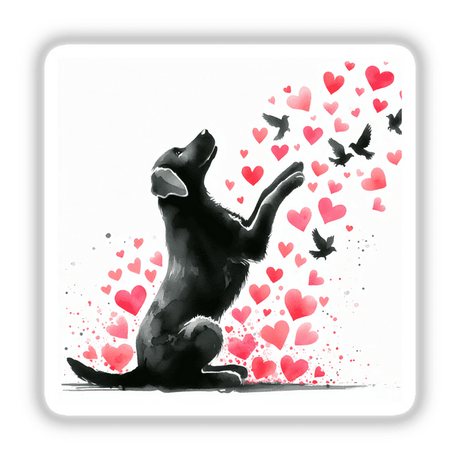 Watercolor Black Lab Reaching Hearts and Birds