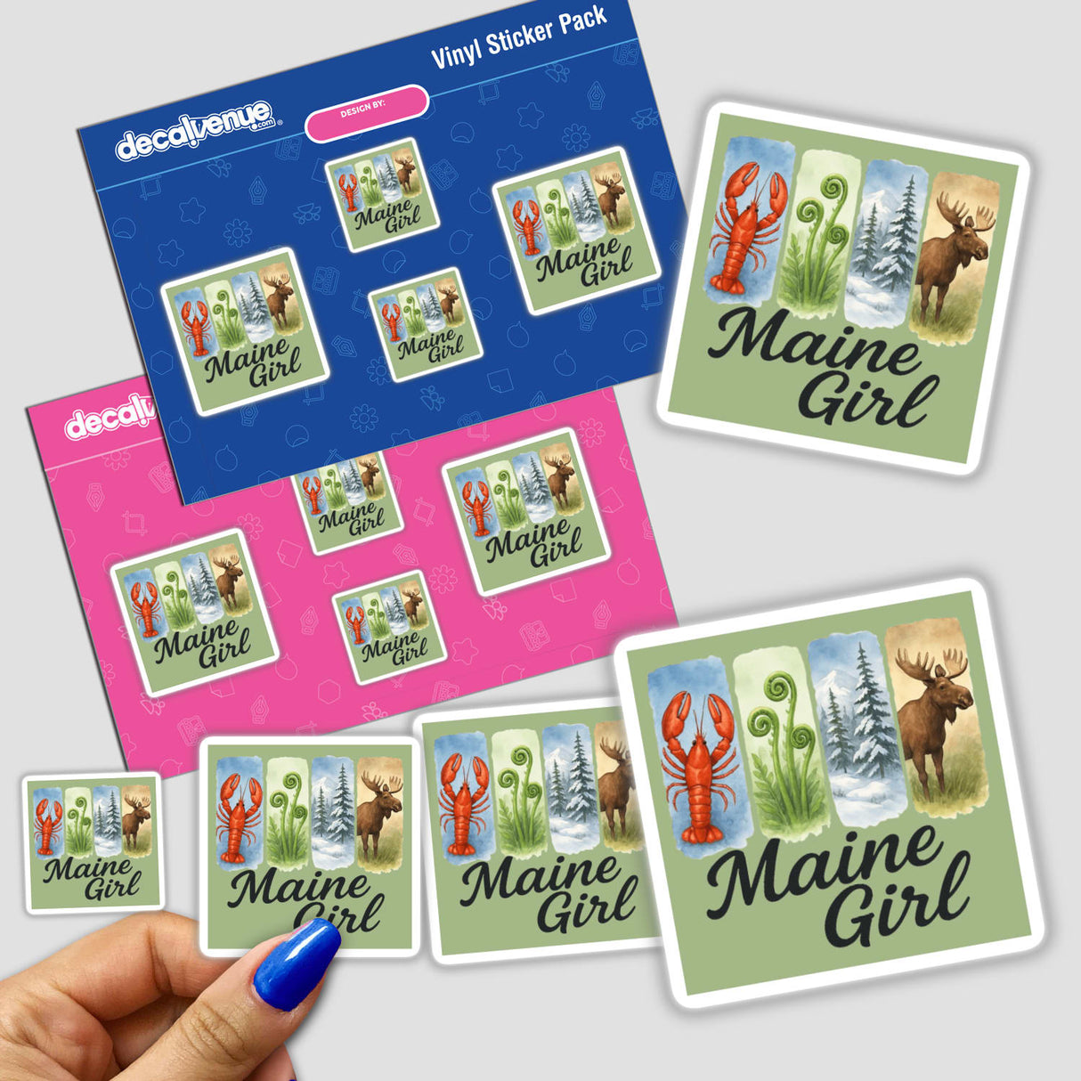 Hand holding Maine Girl Sticker or Clipart featuring animal and nature designs, available as stickers or digital artwork with commercial rights.