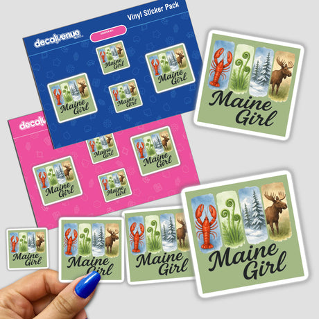 Hand holding Maine Girl Sticker or Clipart featuring animal and nature designs, available as stickers or digital artwork with commercial rights.